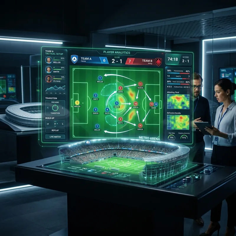 3D tactical simulator rendering a green football pitch
